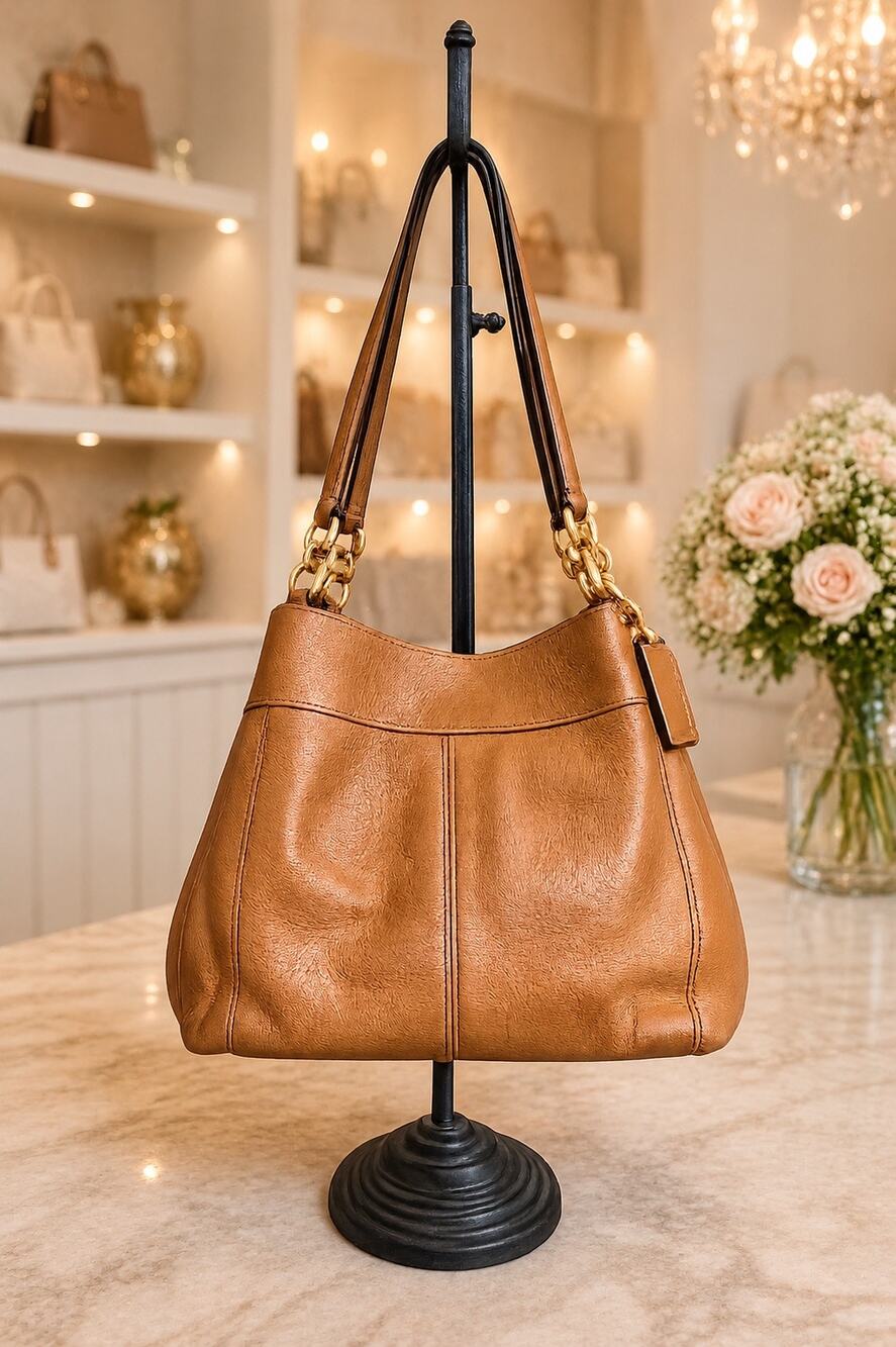 Authentic Coach Phoebe Pebbled Leather Shoulder Bag–Saddle Tan Luxury Pre-Loved